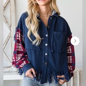 Oli & Hali Boho Distressed Denim/Flannel Shacket
